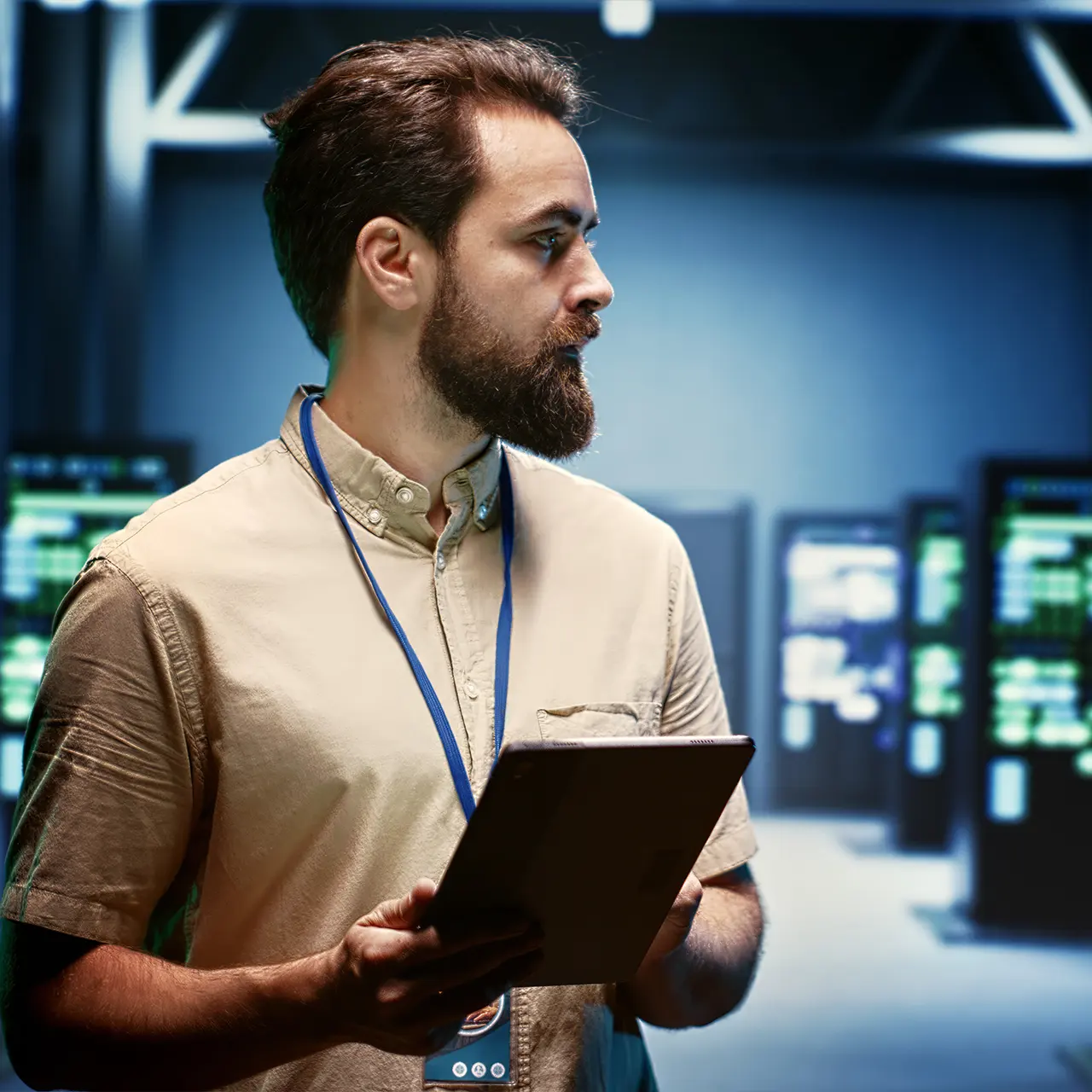 IT specialist conducting a business IT health check in a server room in Australia